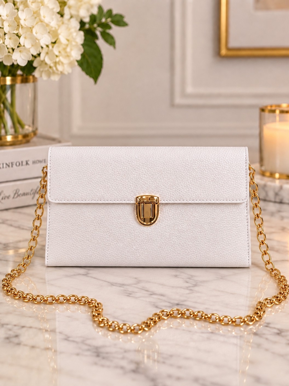 Classic White Chain Shoulder Bag with Gold Hardware